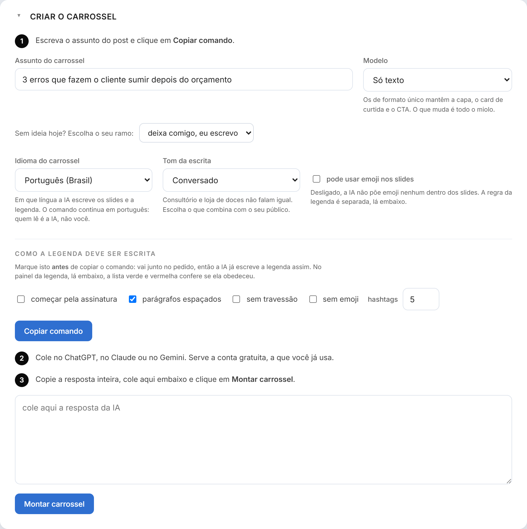 Painel Criar o carrossel do gerador